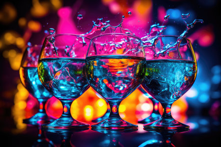 Bright colourful image of a variety of glass objects of different shapes and structures in neon colours. Background and texture. Light and colour.の素材