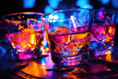 Bright colourful image of a variety of glass objects of different shapes and structures in neon colours. Background and texture. Light and colour.の素材