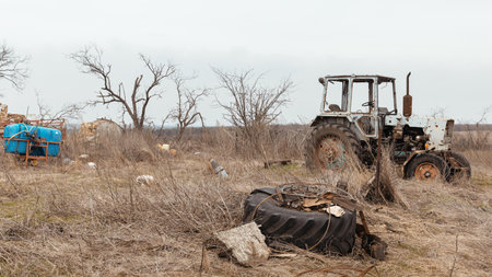 MYKOLAIV Reg, UKRAINE - Mar. 02, 2024: War in Ukraine. Agricultural machinery is seen damaged as a...