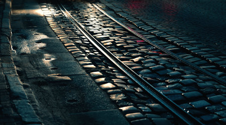 Night in the city. Car lights with highlights on a city street made of cobbled stones.の写真素材