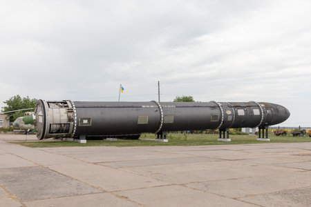 MYKOLAIV Reg., UKRAINE - Jun. 03, 2024: Intercontinental ballistic missile SS-18 Mod 5 (NATO reporting name Satan) is seen in the museum of strategic missile forcesのeditorial素材