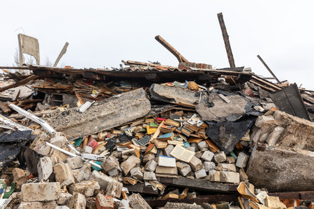 War in Ukraine. A school and school library in Donetsk region of Ukraine is seen destroyed by rocket...