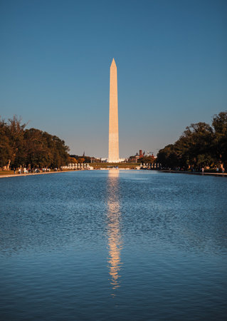 Washington DC, USA - Oct. 10, 2022: The Washington Monument stands tall, its image mirrored perfectly in a calm reflecting pool.のeditorial素材