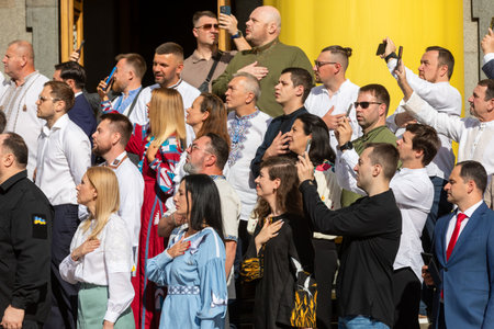 KYIV, UKRAINE - Aug. 23, 2024: A solemn ceremony near the Verkhovna Rada on State Flag Day. A group...