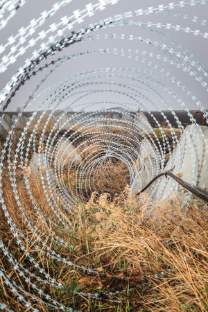 Dragon's teeth fortifications and barbed wire in Kharkiv region, Ukraine, during the Russian-Ukrainian warの写真素材