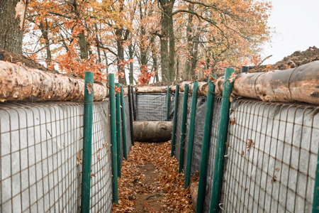 War in Ukraine. Trenches and fortifications in Kharkiv region of Ukraineの写真素材