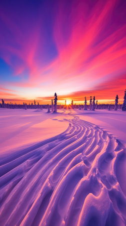 A stunning sunset colors the sky in shades of pink and purple above a snowy terrain. Footprints trail through the fresh snow, leading toward the distant trees as the sun sets.の写真素材