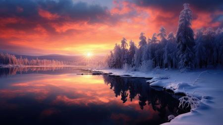 Bright orange and purple hues illuminate the sky as the sun sets over a tranquil lake. Snow-covered trees frame the water, creating a peaceful winter landscape.の写真素材