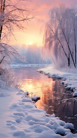 A serene winter morning unfolds as the sun rises, casting warm hues across a frozen river. Snow...