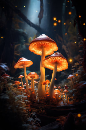 In a dimly lit forest, a cluster of mushrooms emits a warm, orange glow, illuminating the surrounding greenery. Soft light filters through the trees, creating an enchanted atmosphere.の写真素材