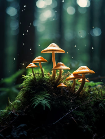 Bright orange mushrooms grow on a mossy surface in a lush forest, with gentle rain creating a misty atmosphere. Soft light filters through the trees, enhancing the scene\'s tranquility.の写真素材