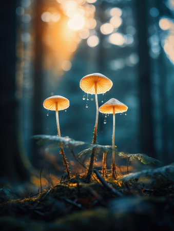 Three mushrooms stand in a lush forest, their caps illuminated by soft morning light. Raindrops cling to them as the surrounding trees create a serene atmosphere.の写真素材