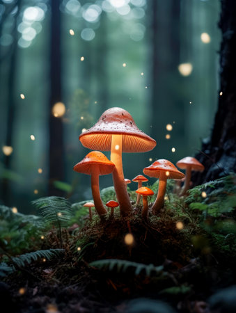 In a serene forest, clusters of mushrooms emit a gentle glow amidst soft ferns. The atmosphere is magical with sparkles lighting up the tranquil environment during twilight.の写真素材