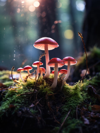 Vibrant mushrooms with pink caps emerge from a bed of lush green moss in a tranquil forest setting. Soft sunlight filters through the trees, creating a warm, enchanting atmosphere.の写真素材