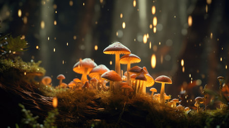 A captivating cluster of mushrooms glows brightly in a lush forest under soft light. Tiny particles drift through the air, enhancing the magical atmosphere of this serene location.の写真素材