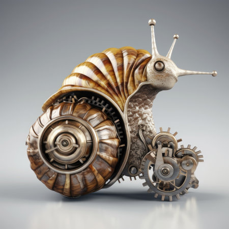 Steampunk snail with intricate clockwork gears and metallic shell.の写真素材