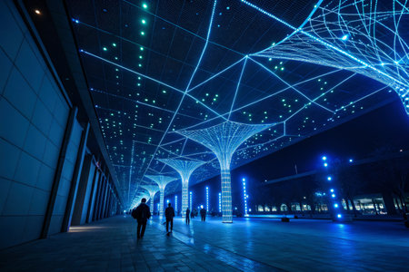 People stroll under a canopy of bright blue lights resembling trees, creating a captivating atmosphere in a contemporary urban area during the evening hours.の写真素材