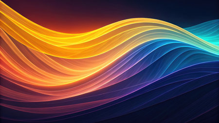 Vibrant waves of color ripple gracefully across a dark backdrop, blending shades of yellow, orange,...