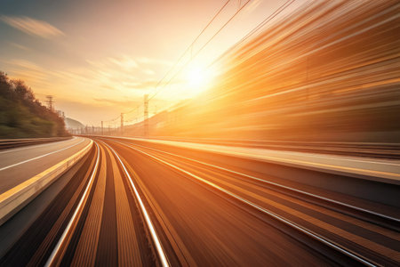 A breathtaking view captures the warm hues of a sunset illuminating the curving train tracks. The soft clouds and surrounding nature enhance the tranquil beauty of this late afternoon.の写真素材