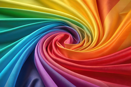 A colorful swirl of smooth fabric displays a vibrant gradient from red to violet. The rich hues create a mesmerizing spiral pattern, enhancing the visual appeal of the textile.の写真素材