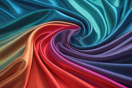 Colorful silk fabric flows in elegant waves, displaying shades of red, orange, yellow, green, blue, and purple. The smooth texture captures light, creating a rich visual experience.の写真素材