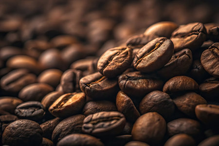 A close-up view of specialty arabica coffee beans showcases their rich color and texture. The...