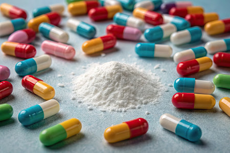 Various capsules are spread across a light blue surface, with a small pile of white powder at the...
