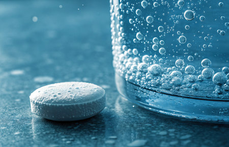 A white effervescent tablet rests on a reflective surface near a glass filled with water. Bubbles rise vigorously as the tablet dissolves, creating an intriguing visual effect.の写真素材