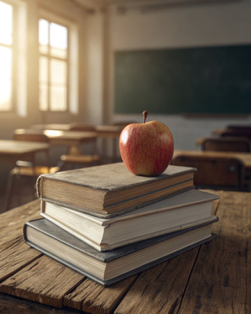 A stack of old books topped with a red apple sits on a rustic wooden desk in an empty classroom....