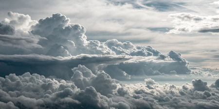 Tall, fluffy clouds create a layered effect across the sky at dawn, with soft light illuminating...