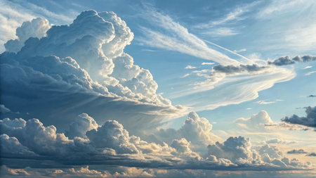 Soft golden hues illuminate expansive clouds as they fill the sky during evening hours over a...