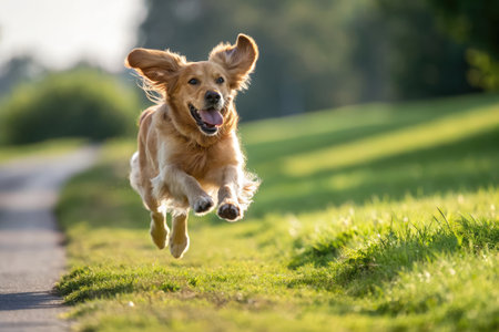 A golden retriever with fluffy fur is energetically leaping through a lush green park. The sun casts a warm glow as the playful dog enjoys its time outdoors in the late afternoon.の写真素材