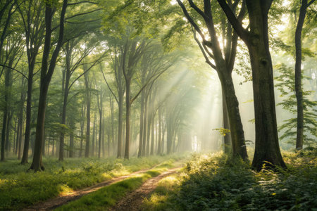 Golden rays of sun break through tall trees in a lush forest, creating a tranquil atmosphere. The fresh greenery and morning mist enhance the idyllic scene, inviting exploration.の写真素材