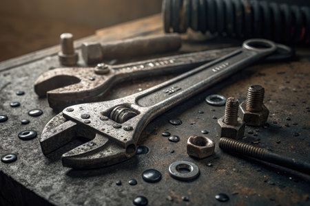 Rusty wrenches and various metal parts rest on a wooden workbench in a workshop. Water droplets glisten on the tools, highlighting their use and age in a creative atmosphere.の写真素材