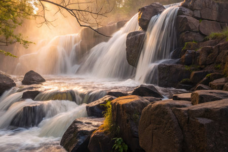 A stunning waterfall flows gracefully over large stones, surrounded by lush greenery. Early morning sunlight creates a magical atmosphere, illuminating the mist rising from the water.の写真素材