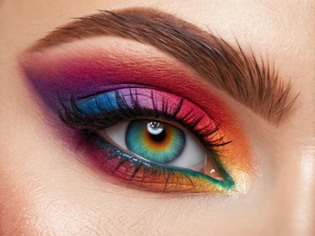 Bold hues of pink, purple, blue, and green converge around a mesmerizing eye, creating an ethereal look. This vivid makeup showcases creativity and artistry in colorful detail.の写真素材