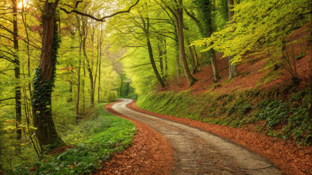A curving dirt path meanders through a vibrant green forest, surrounded by tall trees. The ground is covered in a mix of colorful fall leaves, with sunlight filtering through the foliage.の写真素材