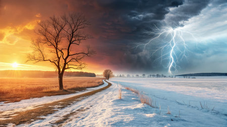 A striking landscape illustrates the contrast between summer and winter seasons.の写真素材