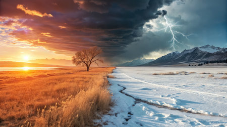This captivating landscape showcases the shift from a sunny autumn day to a stormy winter evening. A single tree stands against the horizon, dividing golden fields and icy terrain.の写真素材