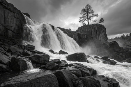Water rushes down a rocky cliff, creating mist and splashes at the base. A solitary tree stands atop the rocks, silhouetted against the dramatic sky at twilight.の写真素材