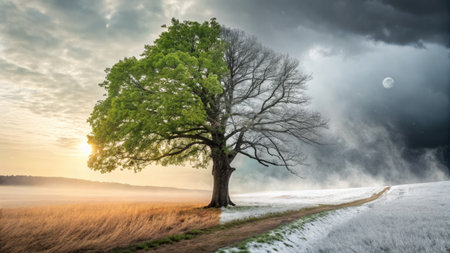 A single tree stands at the center, showcasing vibrant green leaves on one side and bare branches on the other, illustrating the stark contrast between summer and winter.の写真素材