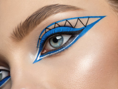 Striking makeup artistry features bold blue eyeliner with intricate designs around the eye. This captivating look highlights artistic expression, perfect for fashion events or creative photography.の写真素材