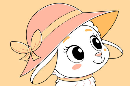 A cheerful bunny character with large expressive eyes wears a fashionable pink hat. The playful design captures a friendly and charming expression, perfect for childrens illustrations or branding.の写真素材