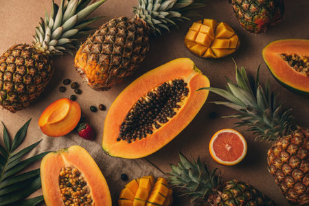 Fresh tropical fruits are artfully arranged on a textured surface, showcasing sliced papaya,...