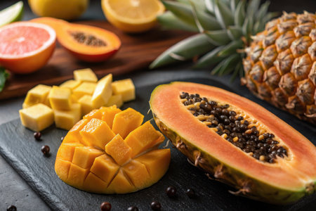 A stunning display of fresh tropical fruits features ripe papaya, mango, pineapple, and citrus. Their vibrant colors and textures create a feast for the eyes, inviting a culinary adventure.の写真素材