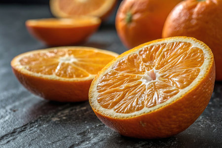 Fresh oranges lie on a rustic dark background, with one sliced in half showcasing its juicy, bright...