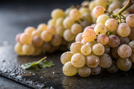 Clusters of ripe grapes shimmer with droplets of moisture on a dark stone surface. The warm light...