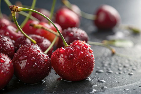 Ripe, red cherries rest on a dark surface, glistening with water droplets after a refreshing rain....