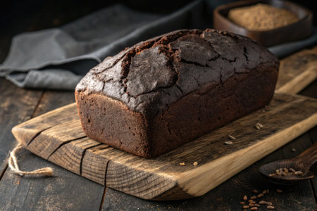 A freshly baked chocolate bread loaf sits on a wooden cutting board, showcasing its rich texture. A...
