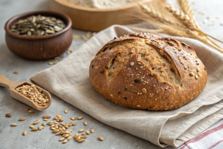 A round loaf of artisan bread with a crispy crust sits on a linen cloth. Seeds are scattered nearby,...